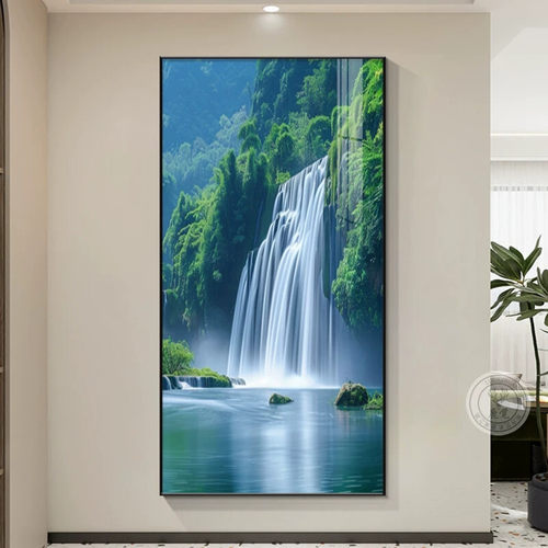 瀑布流水画正对门玄关装饰画客厅入户走廊过道挂画源远流长山水画