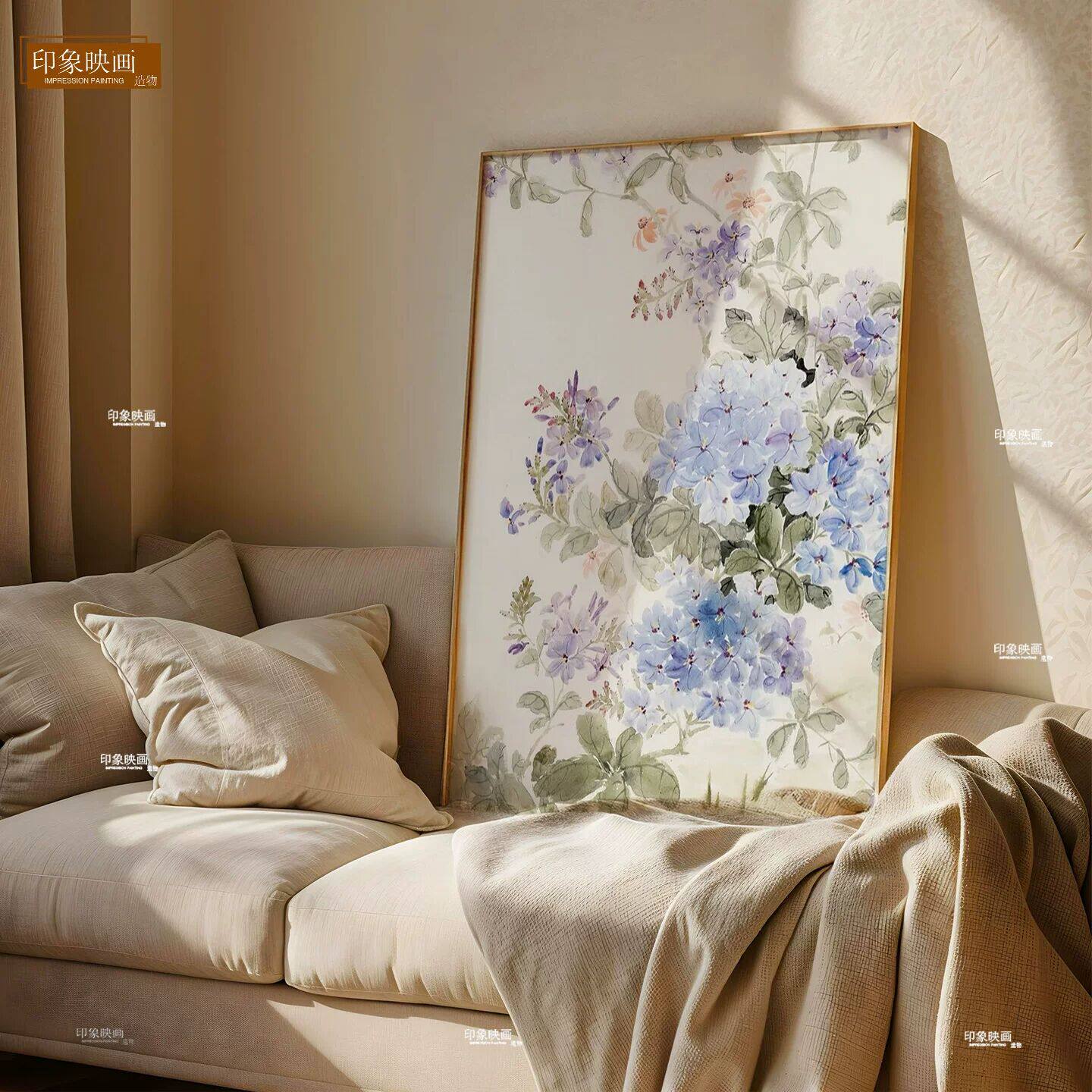 现代中古风蓝紫绣球装饰画淡雅花卉客厅卧室挂画玄关治愈系壁画