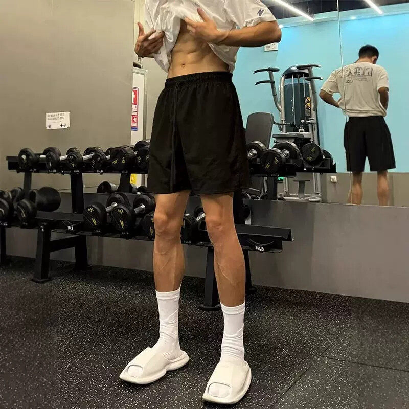 藏青色速干运动短裤男款夏季美式斜切健身裤子外穿休闲训练四分裤