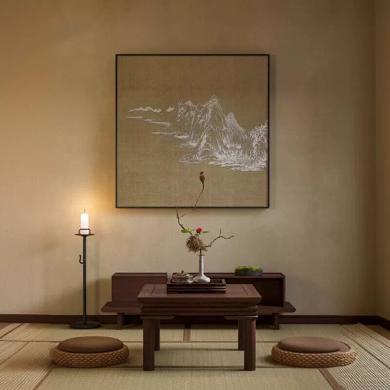 新中式茶室装饰画禅意抽象山水挂画卧室玄关画客厅餐厅正方形壁画