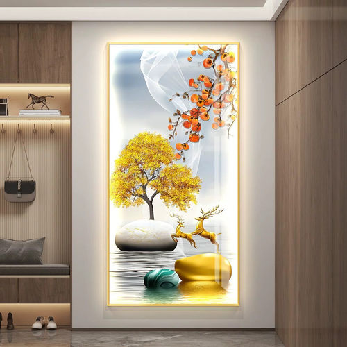 现代轻奢走廊过道LED灯画麋鹿壁画入户玄关装饰画发光竖版挂画