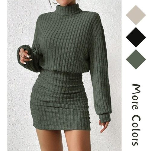 Womens Pullover Sweater Dress Long Lantern Sleeve Turtle
