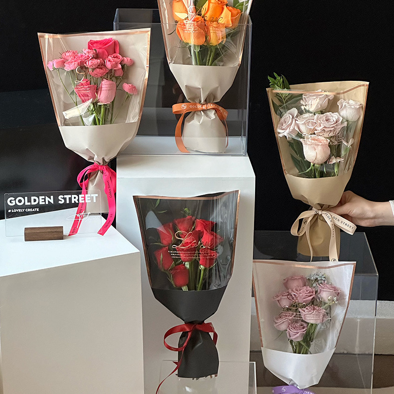 独立包装烫金牛皮多支袋花束包装纸手工花艺微防水鲜花包装材料