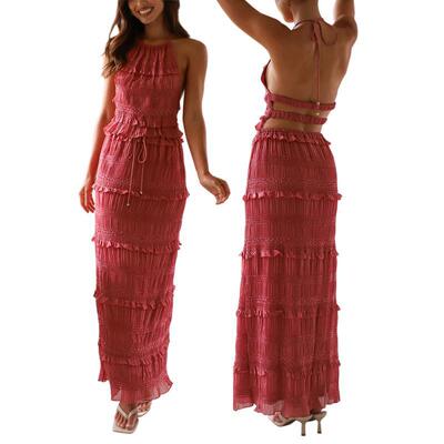 Women Summer Outfit Shirred Tieup Halter Neck Sleeveless