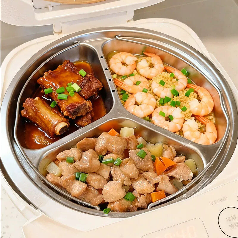 不锈钢电饭锅内分格蒸盘食品级电饭煲蒸笼家用厨房手提三格蒸菜盘