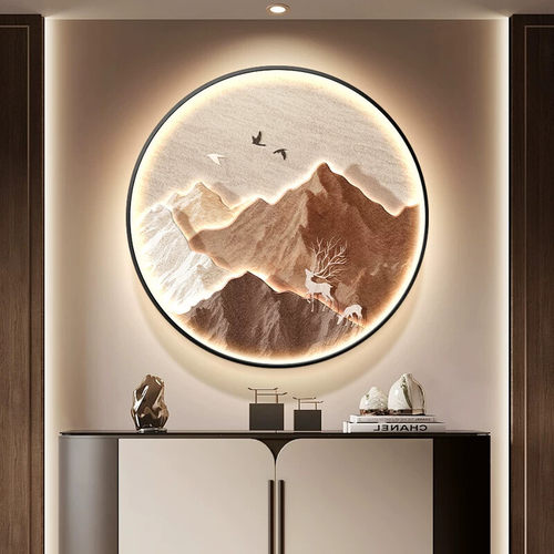 背有靠山玄关装饰画入户门圆形挂画灯山水画茶室背景墙餐厅壁灯画