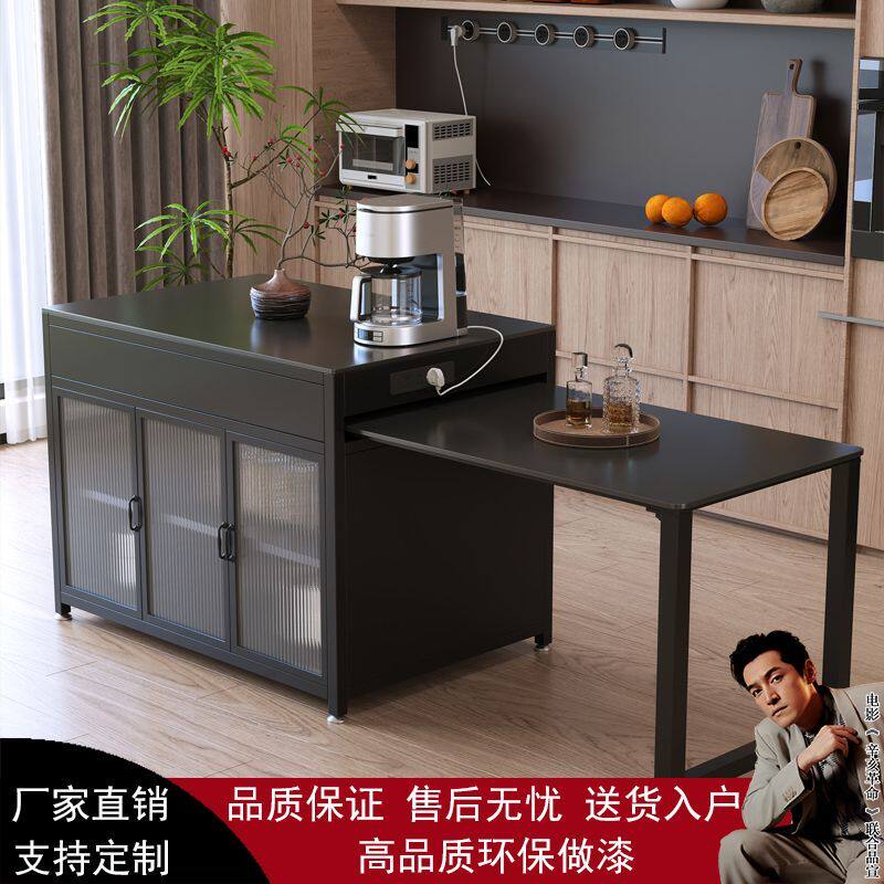工业风饭厅岛台餐桌一体家用可伸缩厨房吧台铁艺岩板小户型中岛台图片