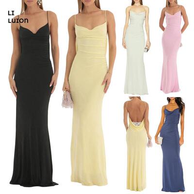 Women Long Bodycon Dress Solid Color Cowl Neck Sleeveless
