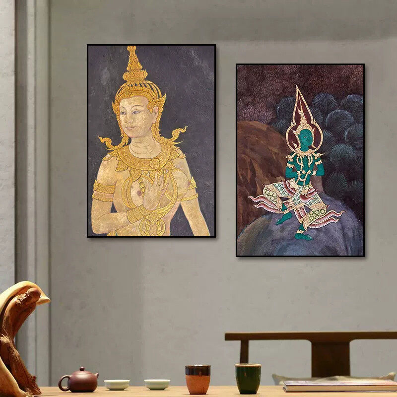 泰国风格装饰画佛像女神画像绘画壁画养生馆泰式按摩SPA会所挂画