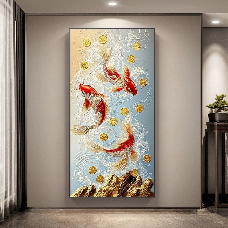 金满鲤》聚财金币红色锦鲤九鱼图新中式高档装饰画玄关好寓意挂画