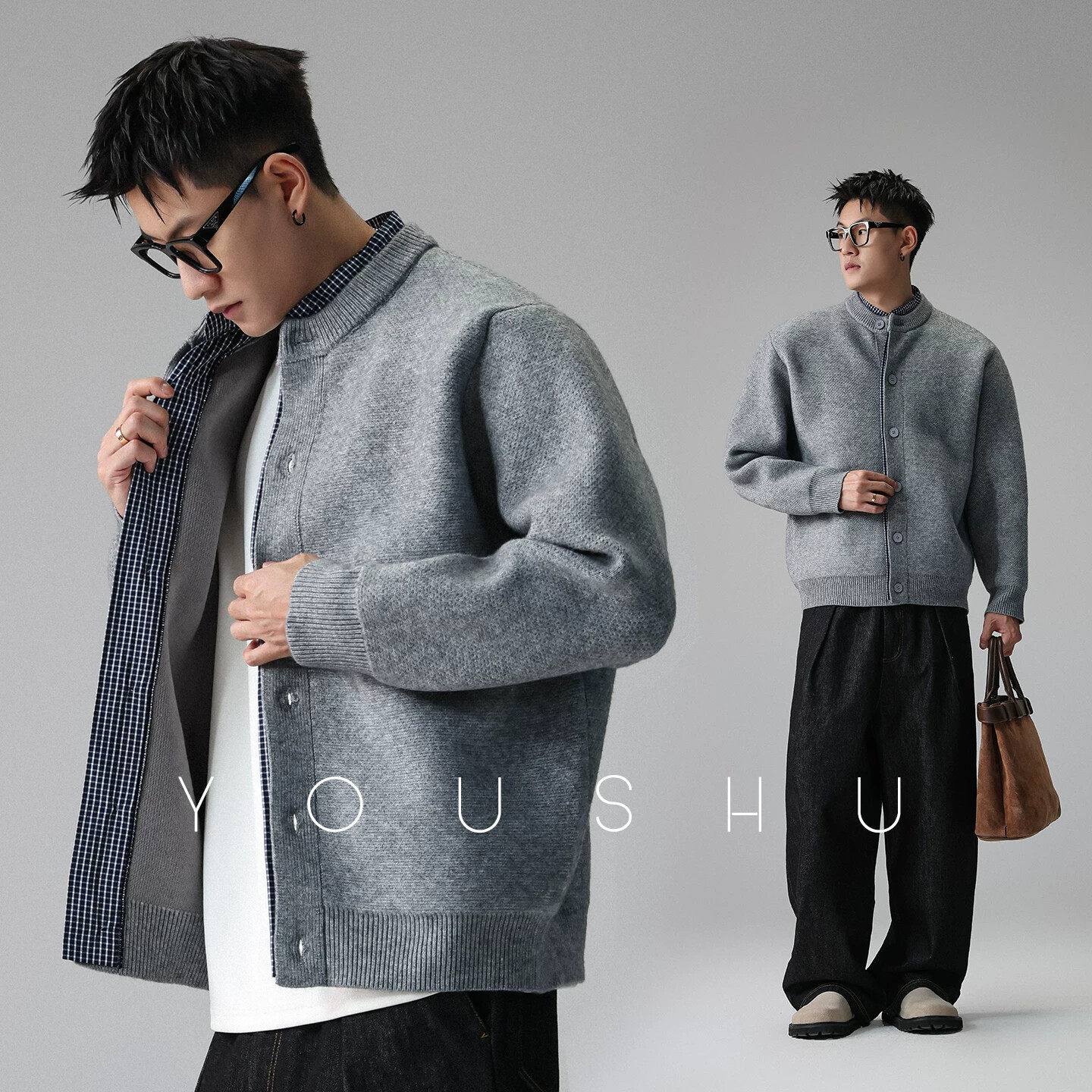 「叠境诗纹」假两件云感宽松开衫毛衣男春季休闲针织衫外套