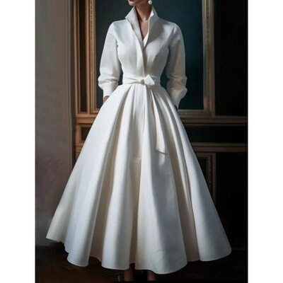 Women Elegant Shirt Dress Long Sleeve Stand Collar White