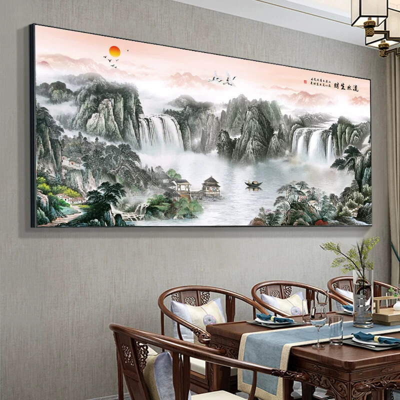 流水生财装饰画客厅沙发背景墙壁画新中式办公室山水挂画风景国画