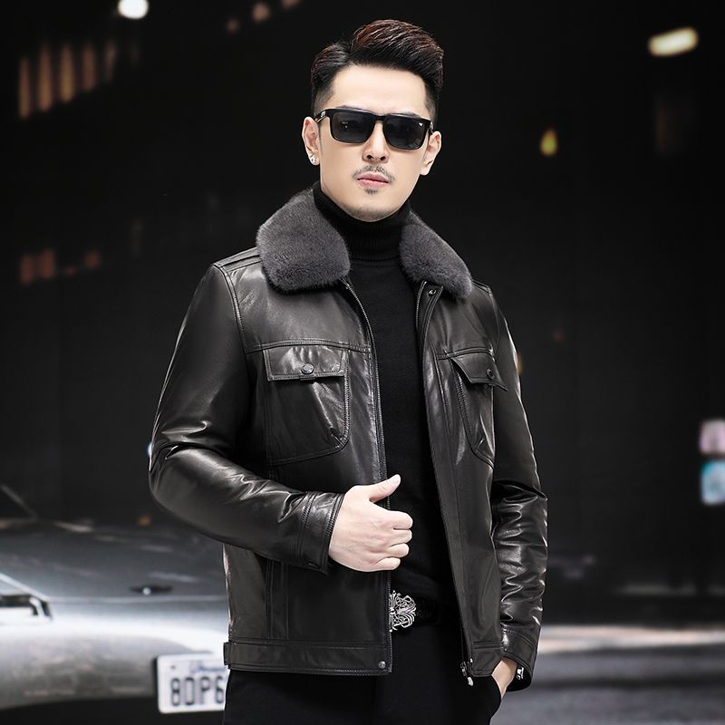 进口山羊皮鹅绒水貂领羽绒皮夹克秋冬季新款海宁真皮皮衣男士外套