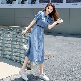 牛仔连衣裙女2023夏天薄款法式夏季收腰显瘦泡泡袖中长款裙子