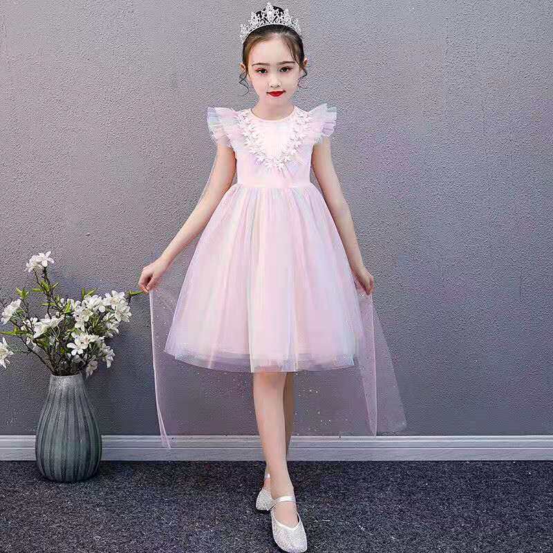 公主裙单件洋气圆领生日粉红色超仙夏款荷叶领连衣大童无袖炫彩