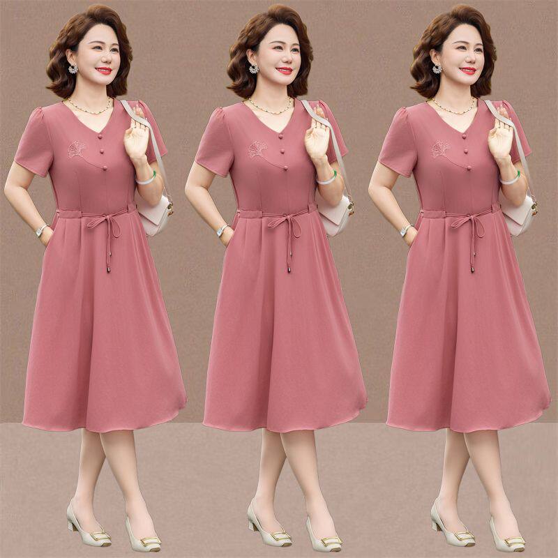 夏季新款时尚雪纺连衣裙气质减龄洋气中老年夏装宽松遮肉显瘦裙子