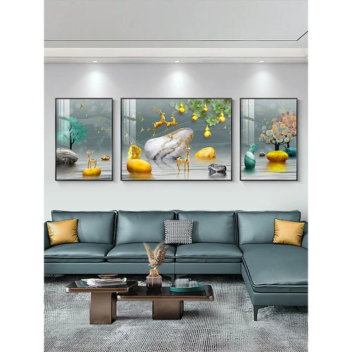客厅装饰画高档轻奢大气沙发背景墙挂画三联画现代简约墙上壁画鹿