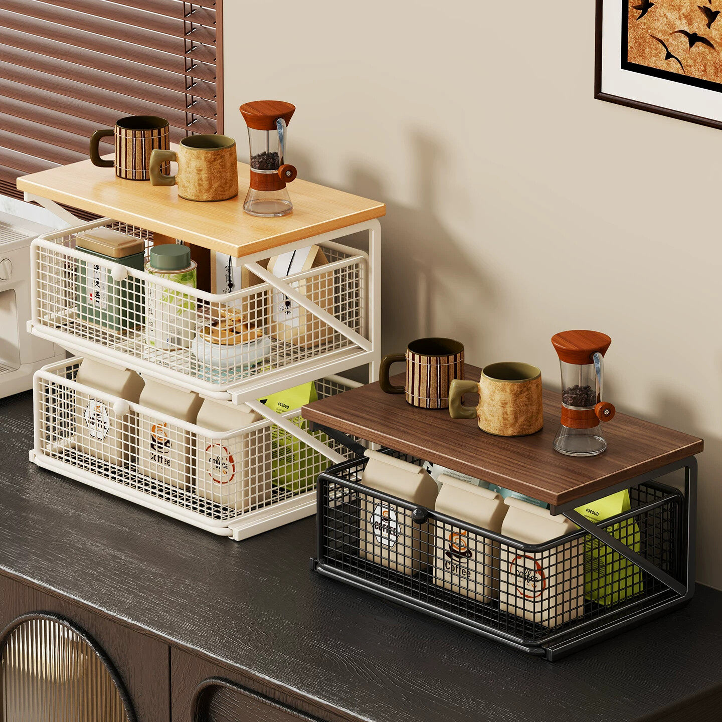 桌面置物架厨房多功能台面整理架收纳架防尘抽拉式咖啡机水杯餐桌