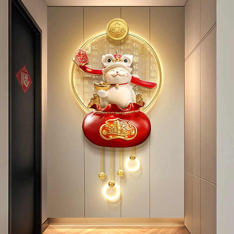 轻奢招财猫电视背景墙格栅装饰挂件发财树聚宝盆客厅玄关带灯壁画