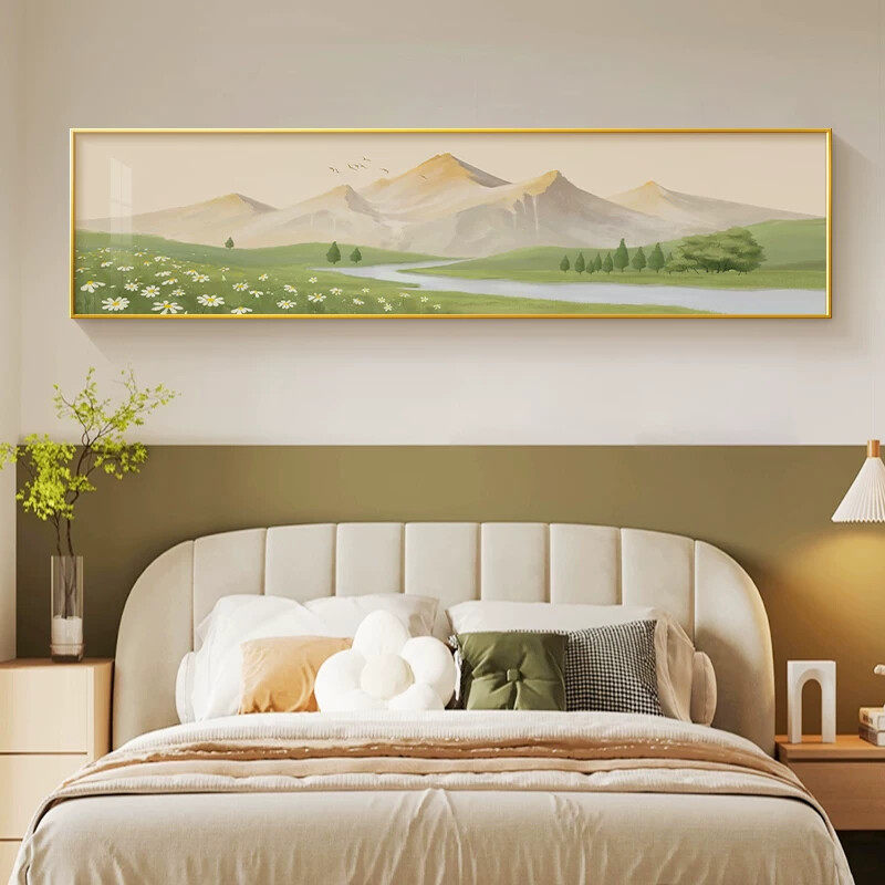 日照金山卧室装饰画简约山水风景挂画主卧房间床头背景墙横幅壁画