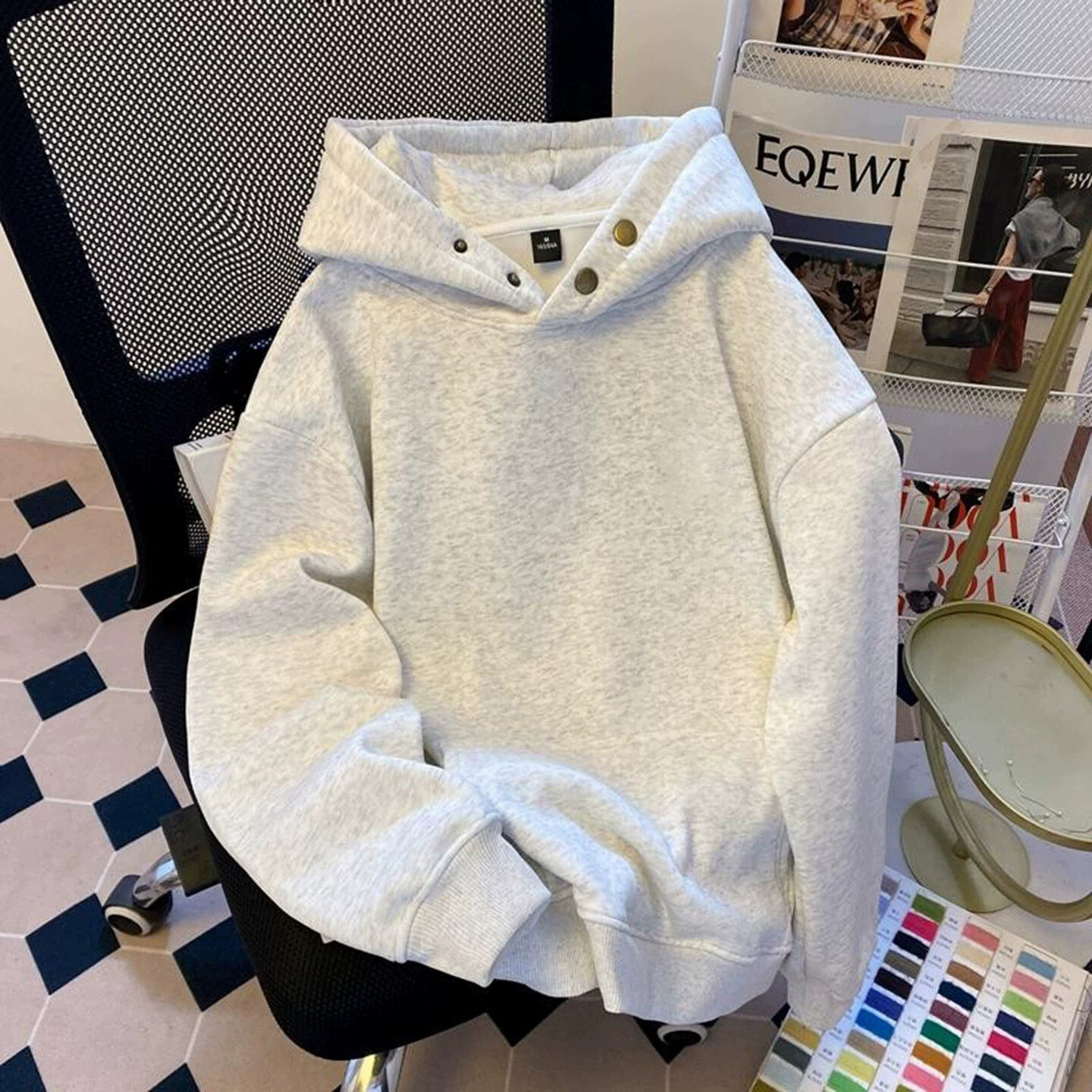 白花灰重磅纯棉学生纽扣套头卫衣男秋季潮牌高级感外套美式连帽衫