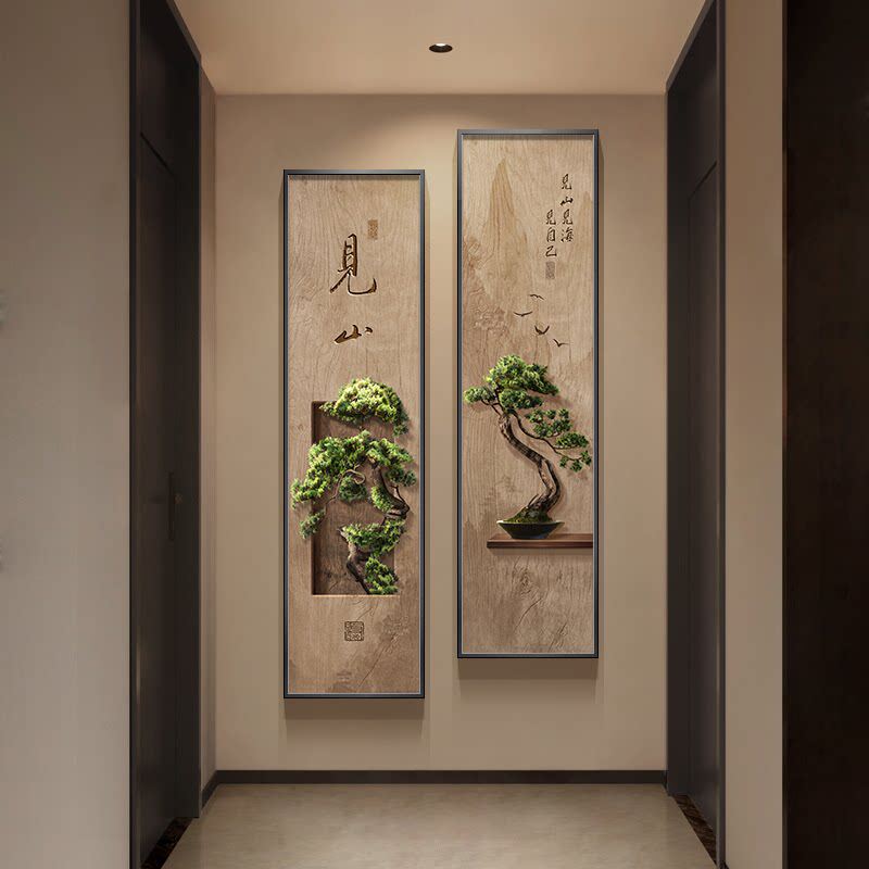 新中式玄关装饰画迎客松挂画走廊长条过道壁画高级感禅意茶室布置