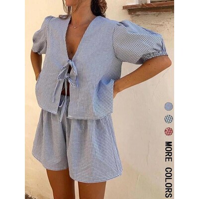 TwoPiece Set Womens Gingham Print Tie Front Shirt Shorts Set