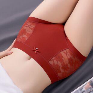 芬诗绮本命年中高腰蕾丝内裤女收腹提臀无痕纯欲少女红色新款短裤