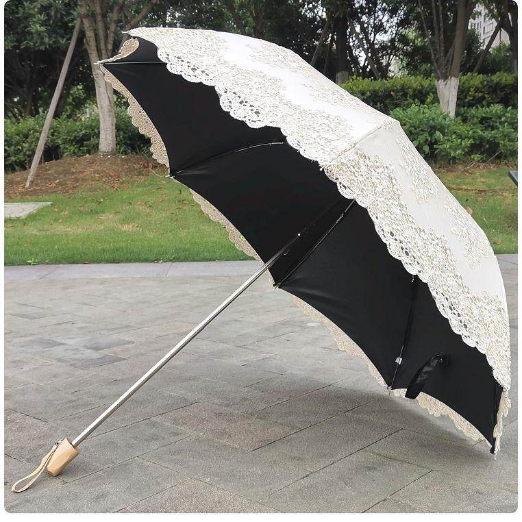 米色蕾丝刺绣花复古典奢华黑胶二折防紫外线防晒太阳伞晴雨伞洋伞