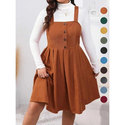 Plus Size Button Decor Pleated Pinafore ALine Dress Casual