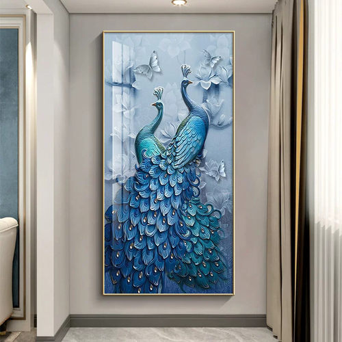 轻奢入户玄关装饰画竖版壁画简约现代走廊过道挂画富贵吉祥孔雀画