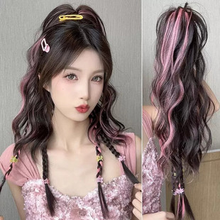 拳击辫马尾假发挑染粉卷发抓夹瀑布半扎高马尾多巴胺彩色假发辫子