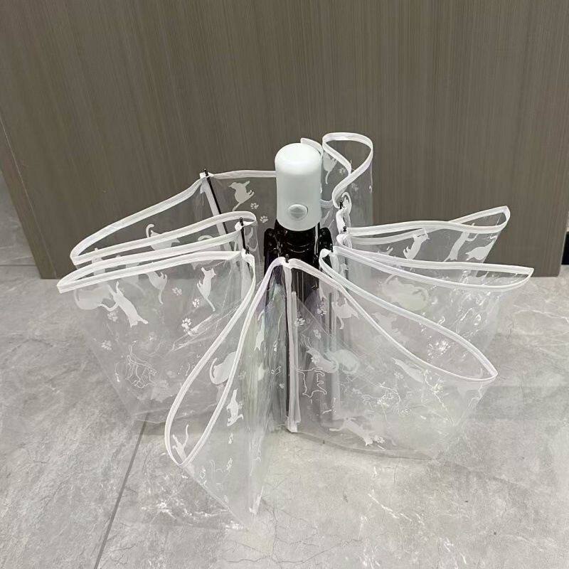 全自动小猫印花透明雨伞初高中学生开学用品小清新可爱超轻伞