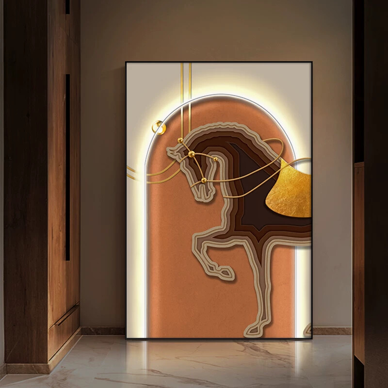 现代简约玄关装饰画带LED灯画竖版轻奢风马到成功挂画客厅落地画
