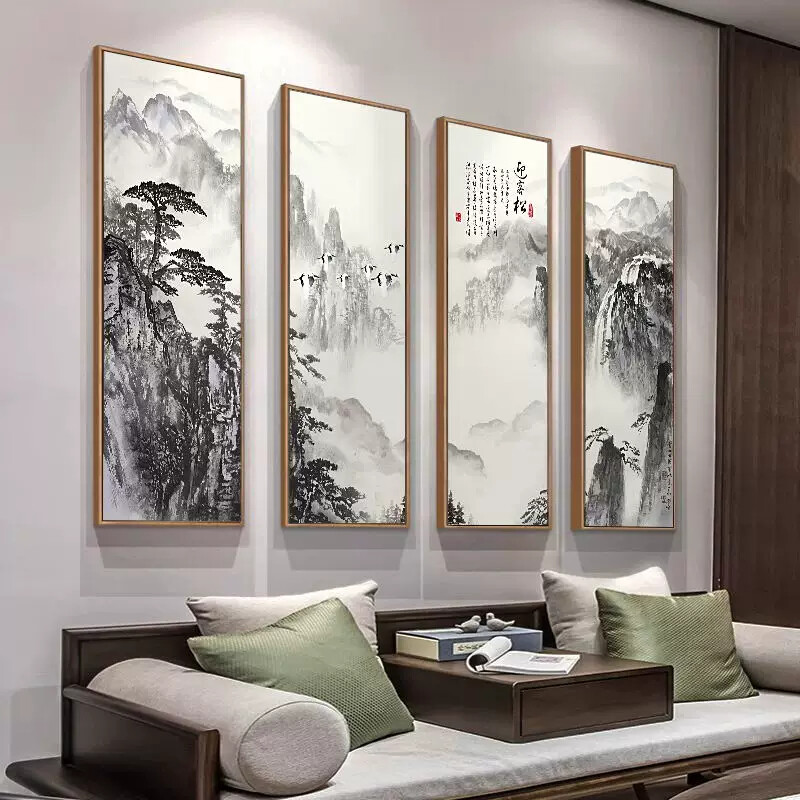 流水生财山水画客厅沙发背景墙装饰画中式大气壁画办公室四联挂画