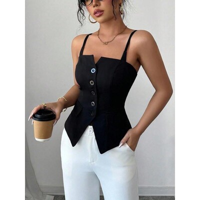 Womens Colorblock Fitted Tank Top Adjustable Strap ALine Hem
