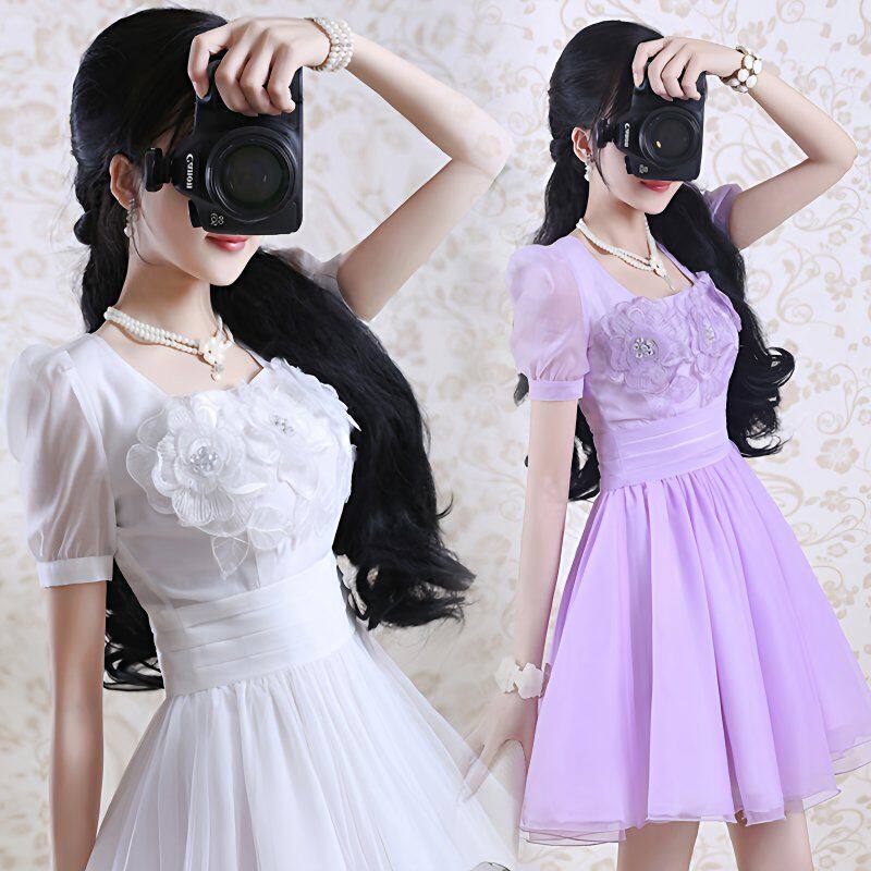 紫色绣花欧根纱短袖连衣裙女学生韩版夏季新款气质修身雪纺女装仙