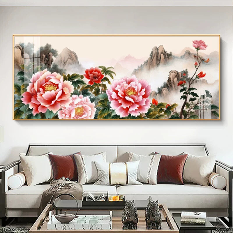 新中式牡丹图挂画客厅沙发背景墙装饰画花开富贵大幅高档晶瓷壁画