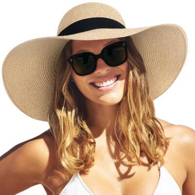 Womens Sun Straw Hat Wide Brim Summer Hat Foldable Packable