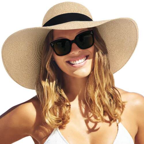 Womens Sun Straw Hat Wide Brim Summer Hat Foldable Packable