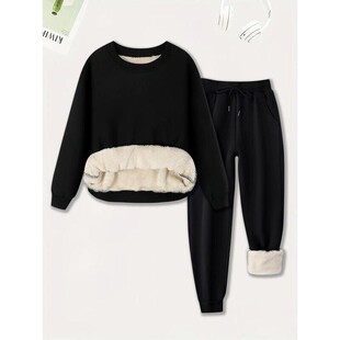 Plush Plain Lined Sweatshirt Waist Women Drawstring