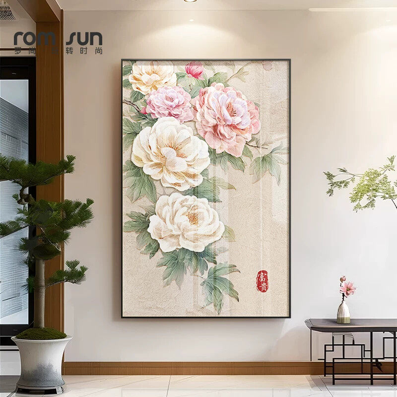 牡丹花玄关装饰画新中式走廊过道壁画沙漠玫瑰开客厅沙发背景墙挂