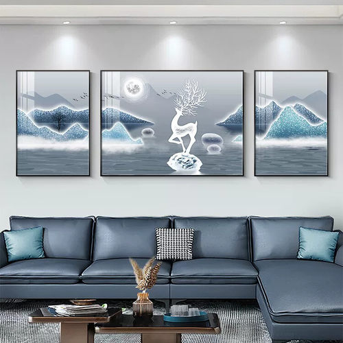 福鹿山水客厅装饰画轻奢高级感沙发背景墙蓝色抽象三联挂画寓意好