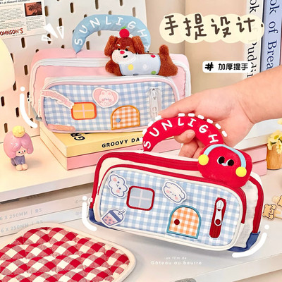 双层大容量笔袋文具收纳包可爱红色小学生初中生铅笔盒手提包女生