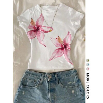 R 51072 Y2K Floral Print T-shirt 辣妹短袖 亚马逊欧美跨境