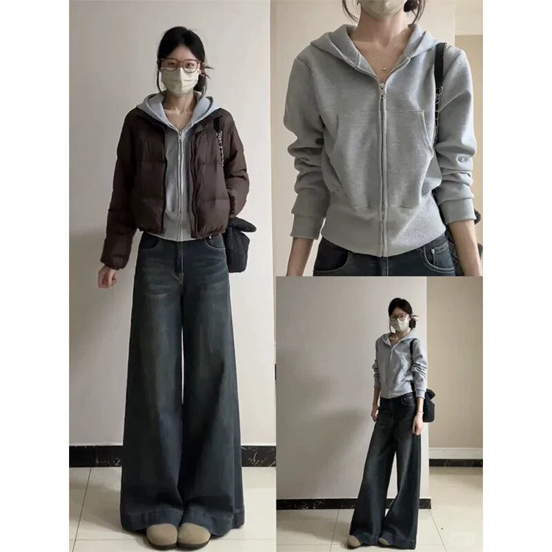 灰色连帽卫衣外套女款春装修身短款收腰上衣早春穿搭美式拉链开衫