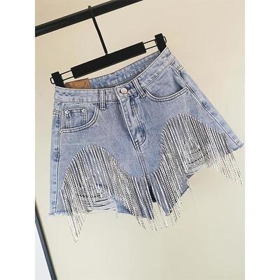 Womens High Waist Ripped Denim Shorts Inlaid with