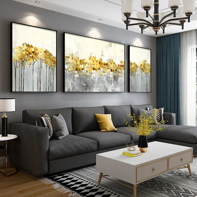 客厅装饰画抽象画发财树沙发背景墙挂画轻奢高档三联壁画现代简约