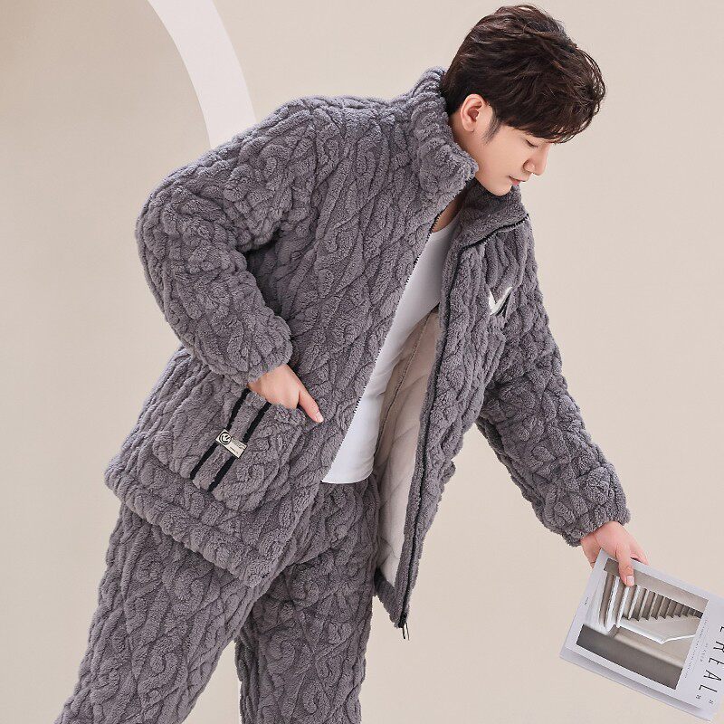 睡衣男冬季加厚加绒三层夹棉保暖睡衣/家居服套装